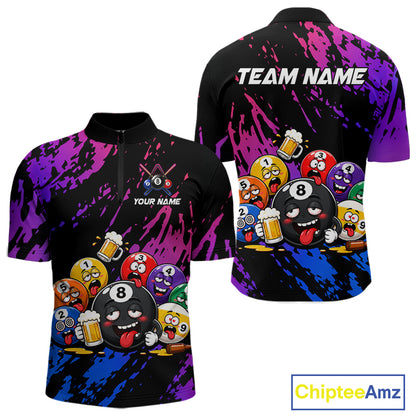 Custom blue and purple drunk pool balls funny beer billiard team jersey quarter zip shirt for men featuring colorful beer and pool balls graphics, premium custom billiard apparel.