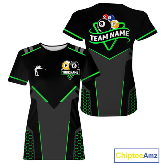 Personalized 8 Ball & 9 Ball Pool Billiard T-Shirt For Women Custom Billiard Team Jerseys | Green TDM3581