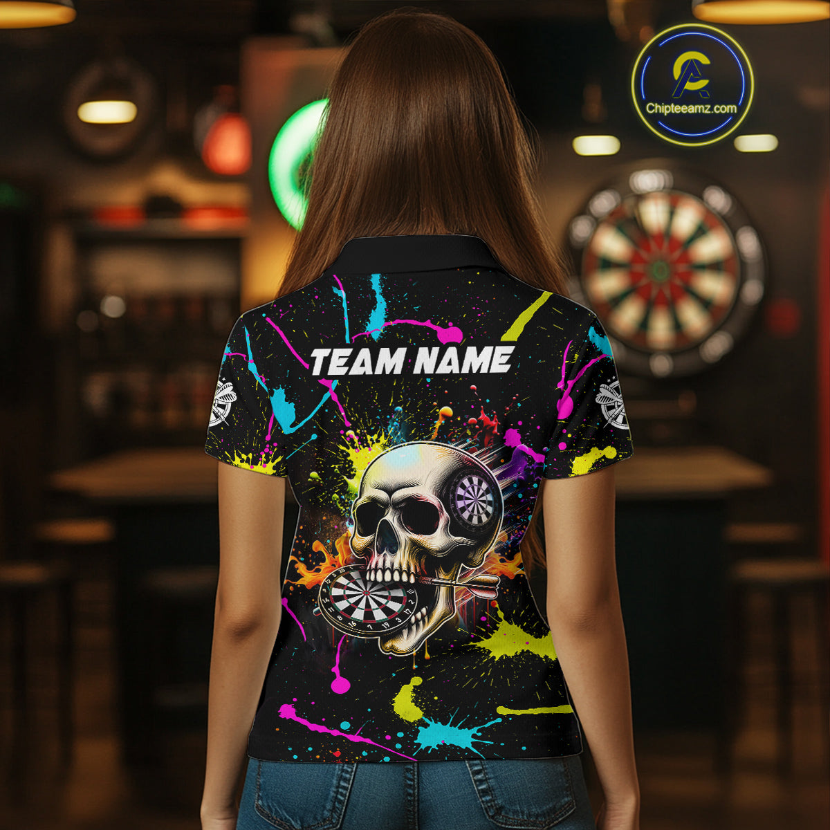 Personalized Funny Skull Colorful Paint Dart Shirt For Women Custom Darts Team Jersey Polo & 1/4 Zip TDM4213