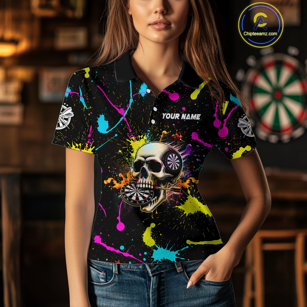 Personalized Funny Skull Colorful Paint Dart Shirt For Women Custom Darts Team Jersey Polo & 1/4 Zip TDM4213