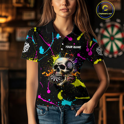 Personalized Funny Skull Colorful Paint Dart Shirt For Women Custom Darts Team Jersey Polo & 1/4 Zip TDM4213