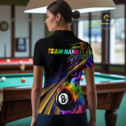 Personalized Colorful Flame 8 Ball Billiard Shirt For Women Custom Pool Team Jerseys Polo & 1/4 Zip TDM4214