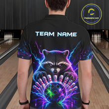 Load image into Gallery viewer, Back view of man wearing a neon raccoon bowling polo shirt inside a bowling alley.