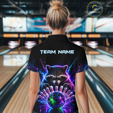 Load image into Gallery viewer, Back view of woman wearing a neon raccoon bowling polo shirt inside a bowling alley.