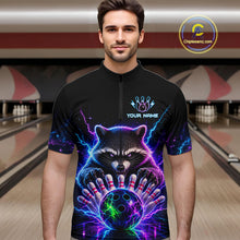 Load image into Gallery viewer, Man wearing a neon raccoon bowling quarter zip jersey during league competition front view.
