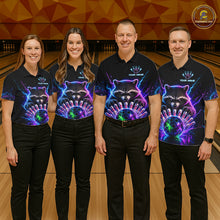 Load image into Gallery viewer, Bowling team wearing matching neon raccoon bowling jerseys during league matches front view.