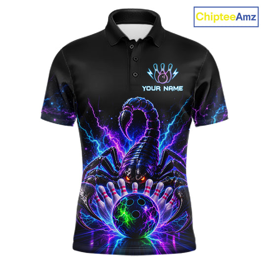 Neon scorpion bowling polo shirt for men with custom bowling team graphics.