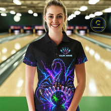 Load image into Gallery viewer, Woman wearing a neon scorpion bowling polo shirt at a bowling alley front view.