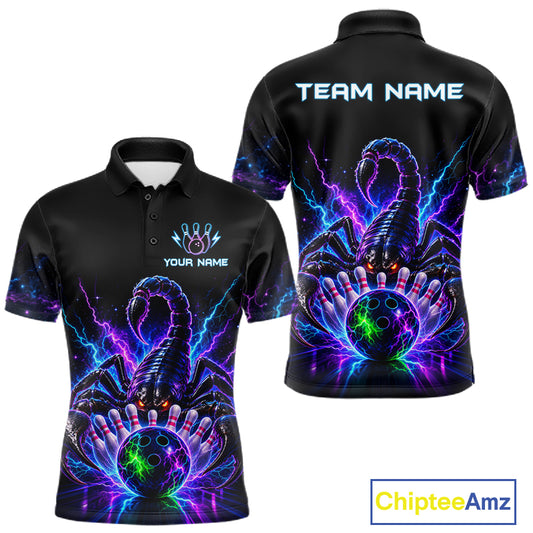 Neon scorpion bowling polo shirt for men with custom bowling team graphics.