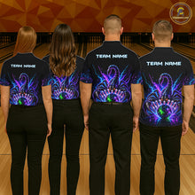 Load image into Gallery viewer, Back view of bowling team wearing matching neon scorpion bowling shirts in a bowling alley.