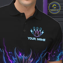 Load image into Gallery viewer, Close-up of a neon dragon bowling polo shirt collar, buttons, and dragon artwork details.