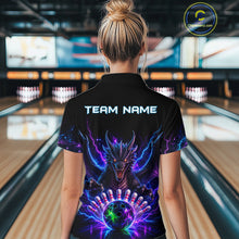 Load image into Gallery viewer, Back view of woman wearing a neon dragon bowling polo shirt inside a bowling alley.