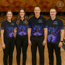 Load image into Gallery viewer, Bowling team wearing matching neon dragon bowling jerseys during league matches front view.