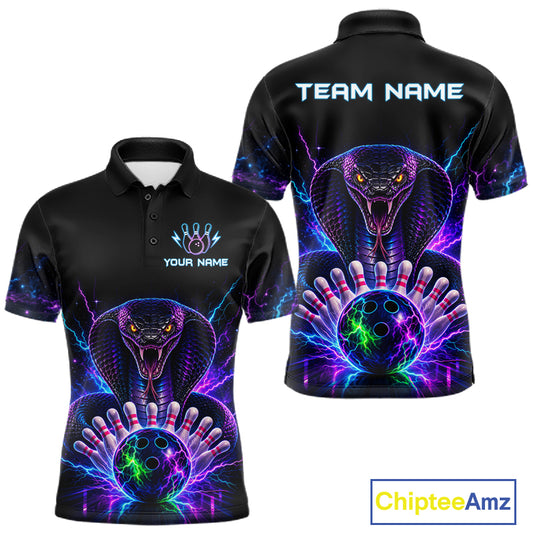 Neon cobra bowling polo shirt for men with custom bowling team graphics.