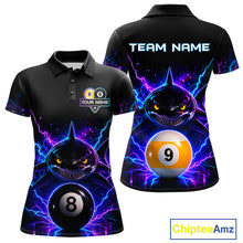 Load image into Gallery viewer, Neon shark 8 ball and 9 ball billiard polo shirt for women with custom pool team graphics.