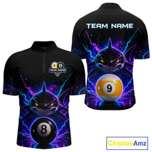 Load image into Gallery viewer, Neon shark 8 ball and 9 ball billiard quarter zip shirt for men designed for league tournaments and team events.