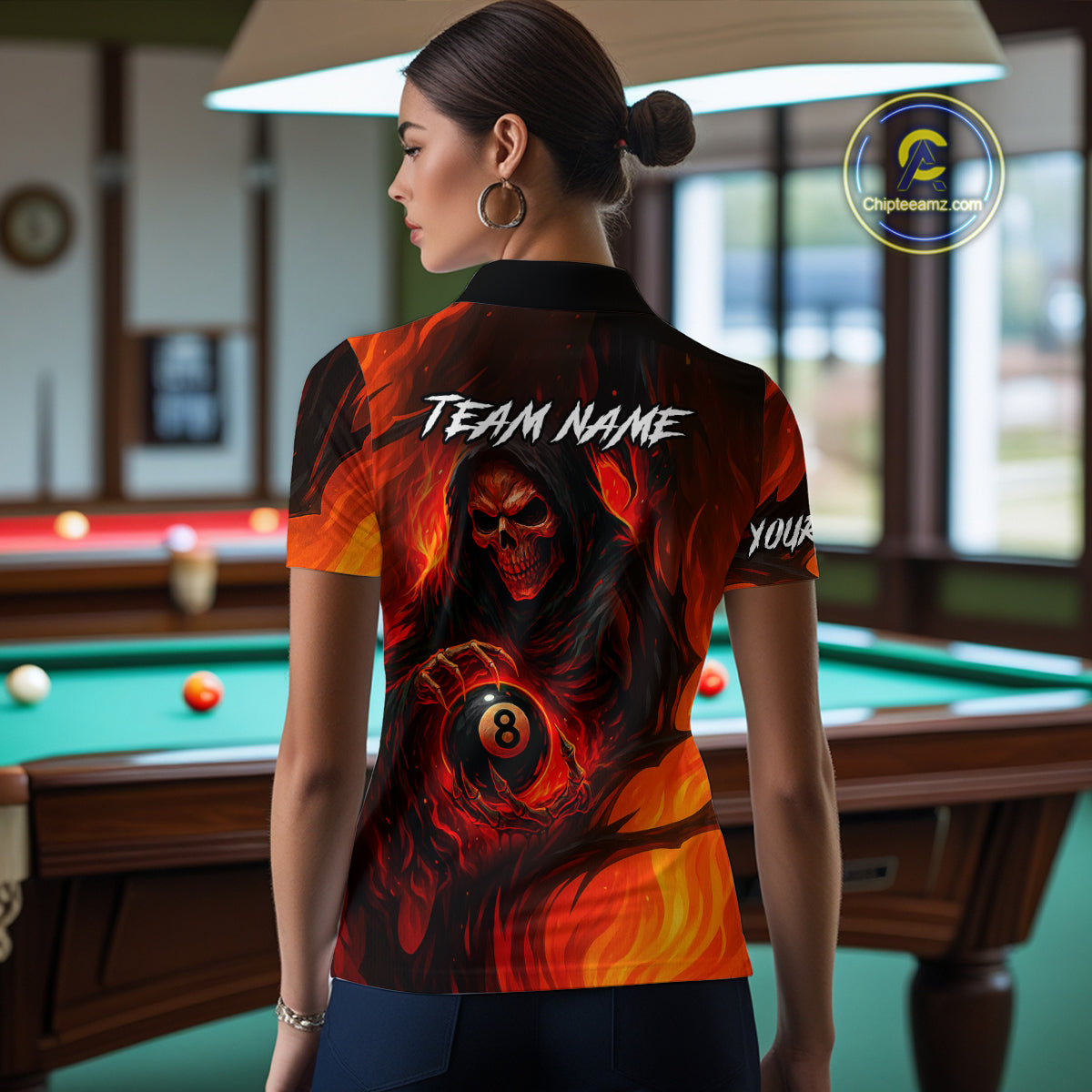 Orange Flaming Grim Reaper 8 Ball Billiard Shirt For Women Custom Halloween Pool Team Shirt Outfit TDM4811