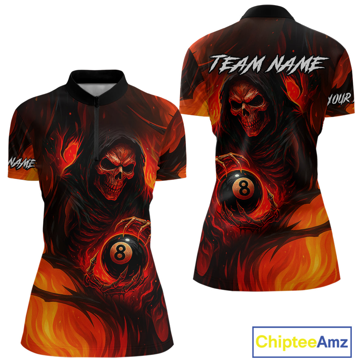 Orange Flaming Grim Reaper 8 Ball Billiard Shirt For Women Custom Halloween Pool Team Shirt Outfit TDM4811