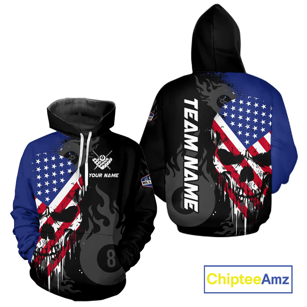 Personalized Grunge Skull American Flag 8 Ball Hoodie Custom Patriotic Billiard Hoodie Team Jersey TDM3249