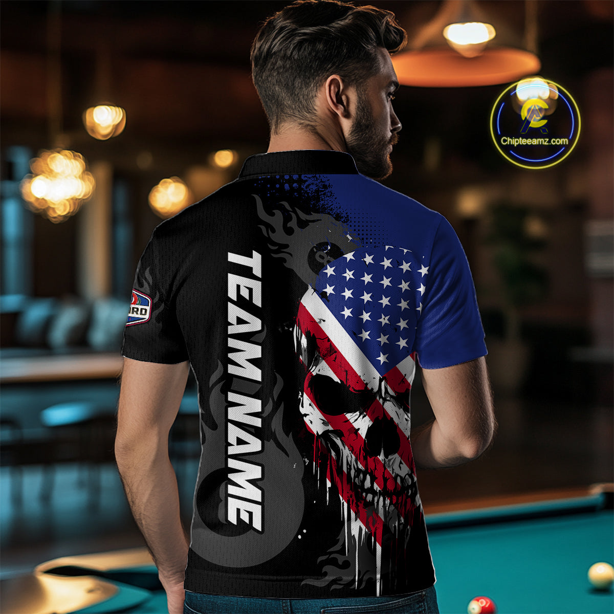 Grunge American Flag Skull 8 Ball Pool Custom Men Billiard Shirts, Patriotic Billiard Team Jerseys  TDM3249
