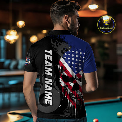 Grunge American Flag Skull 8 Ball Pool Custom Men Billiard Shirts, Patriotic Billiard Team Jerseys  TDM3249