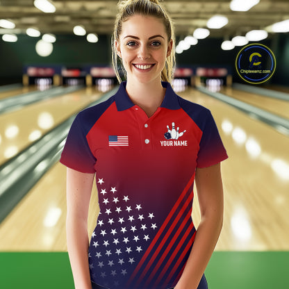 American Flag Bowling Jersey For Women, Custom Patriotic Bowling League Team Shirts Polo & 1/4 Zip TDM6544