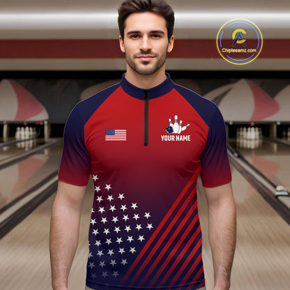 American Flag Bowling Jersey For Men, Custom Patriotic Bowling League Team Shirts Polo & 1/4 Zip TDM6544