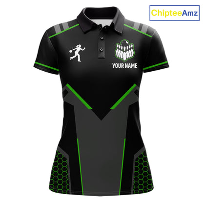 Personalized Bowling Jersey For Women, Custom Black And Green Bowling Team Shirt Polo & 1/4 Zip TDM6546