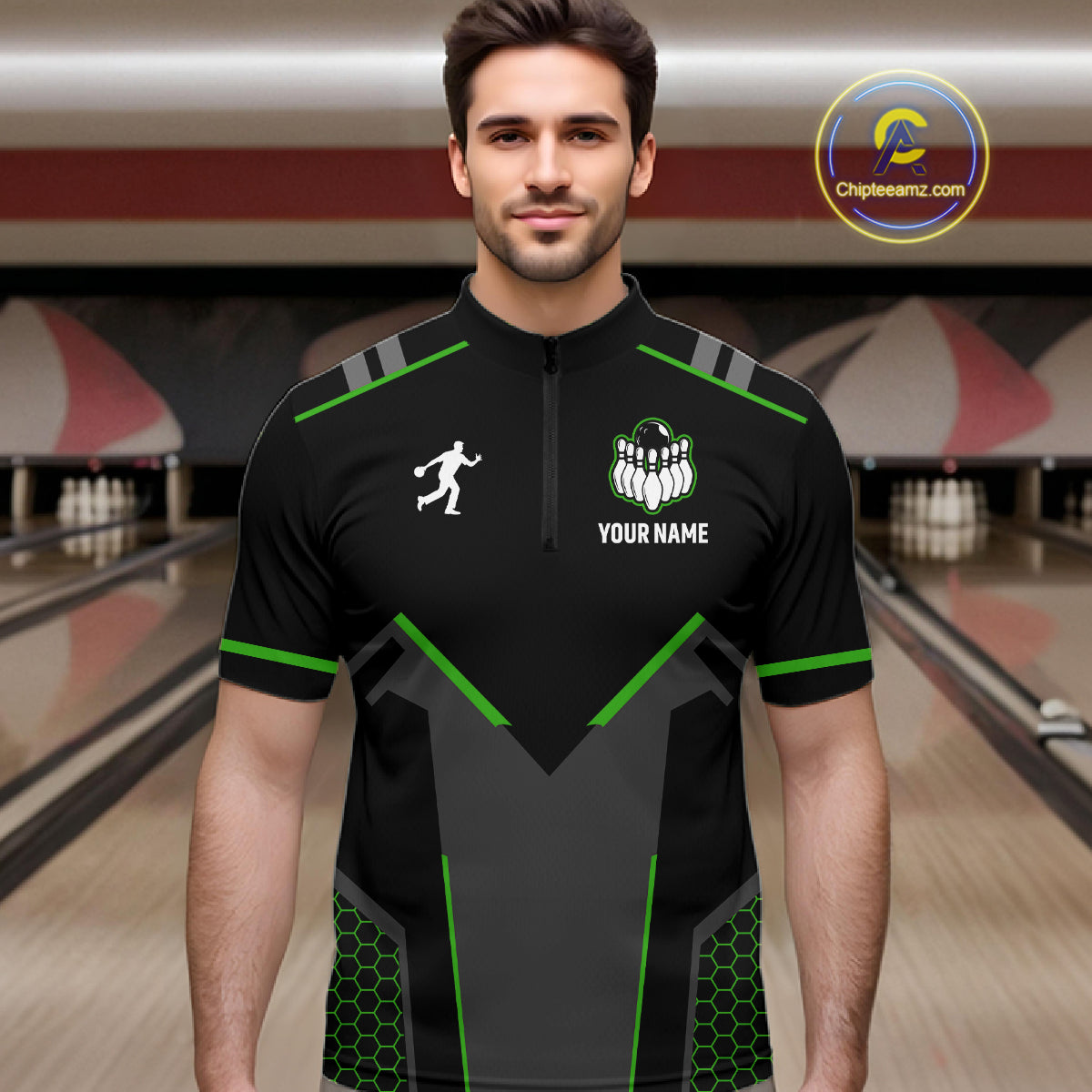 Personalized Bowling Jersey For Men, Custom Black And Green Bowling Team Shirt Polo & 1/4 Zip TDM6546