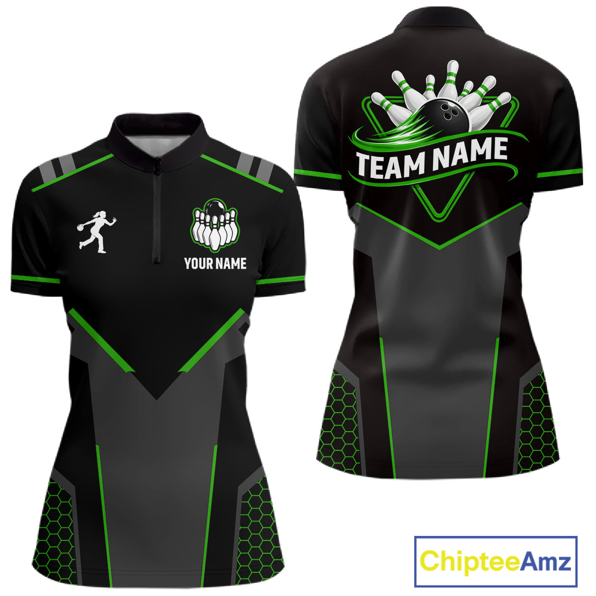 Personalized Bowling Jersey For Women, Custom Black And Green Bowling Team Shirt Polo & 1/4 Zip TDM6546
