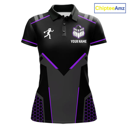 Personalized Bowling Jersey For Women, Custom Black And Purple Bowling Team Shirt Polo & 1/4 Zip TDM6547