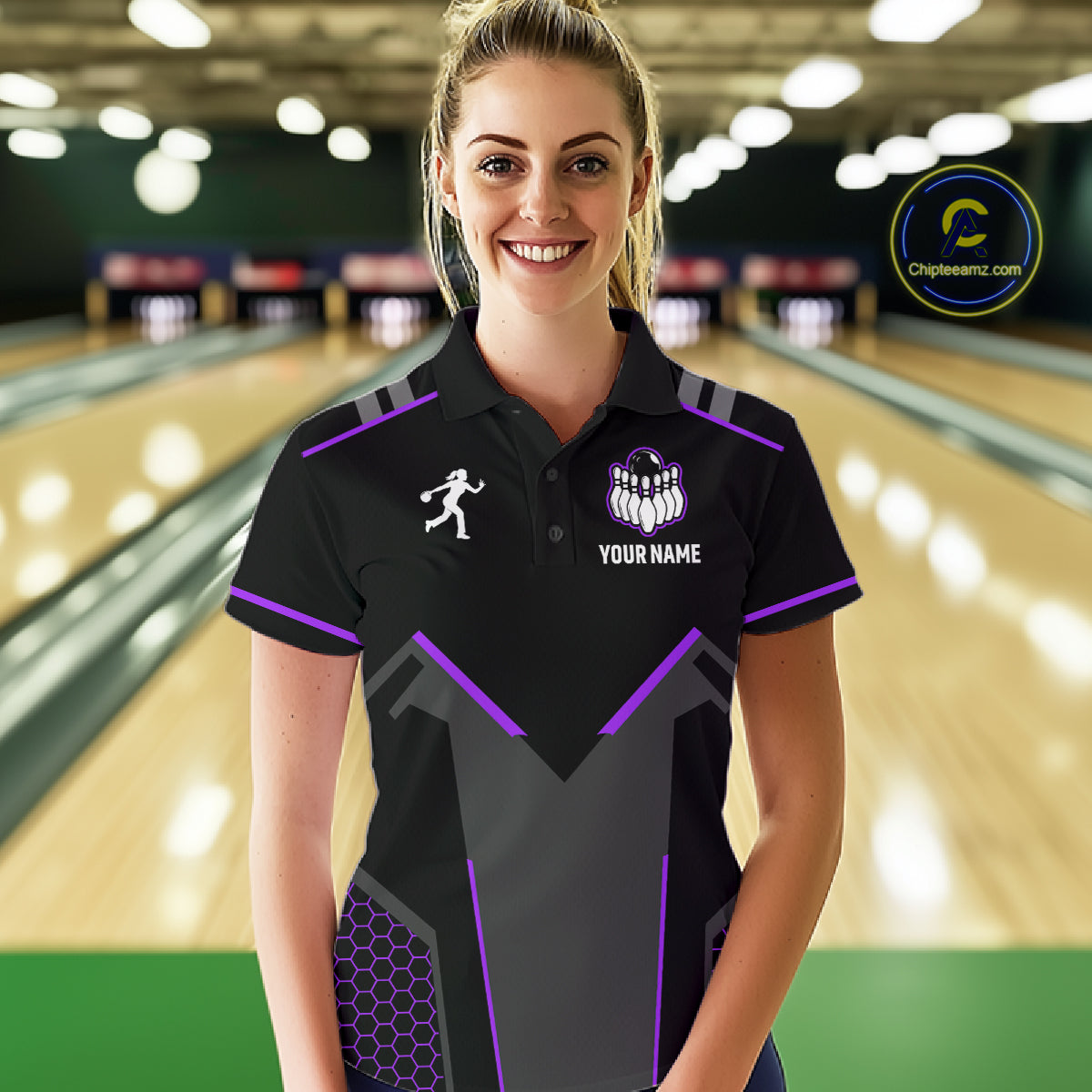 Personalized Bowling Jersey For Women, Custom Black And Purple Bowling Team Shirt Polo & 1/4 Zip TDM6547