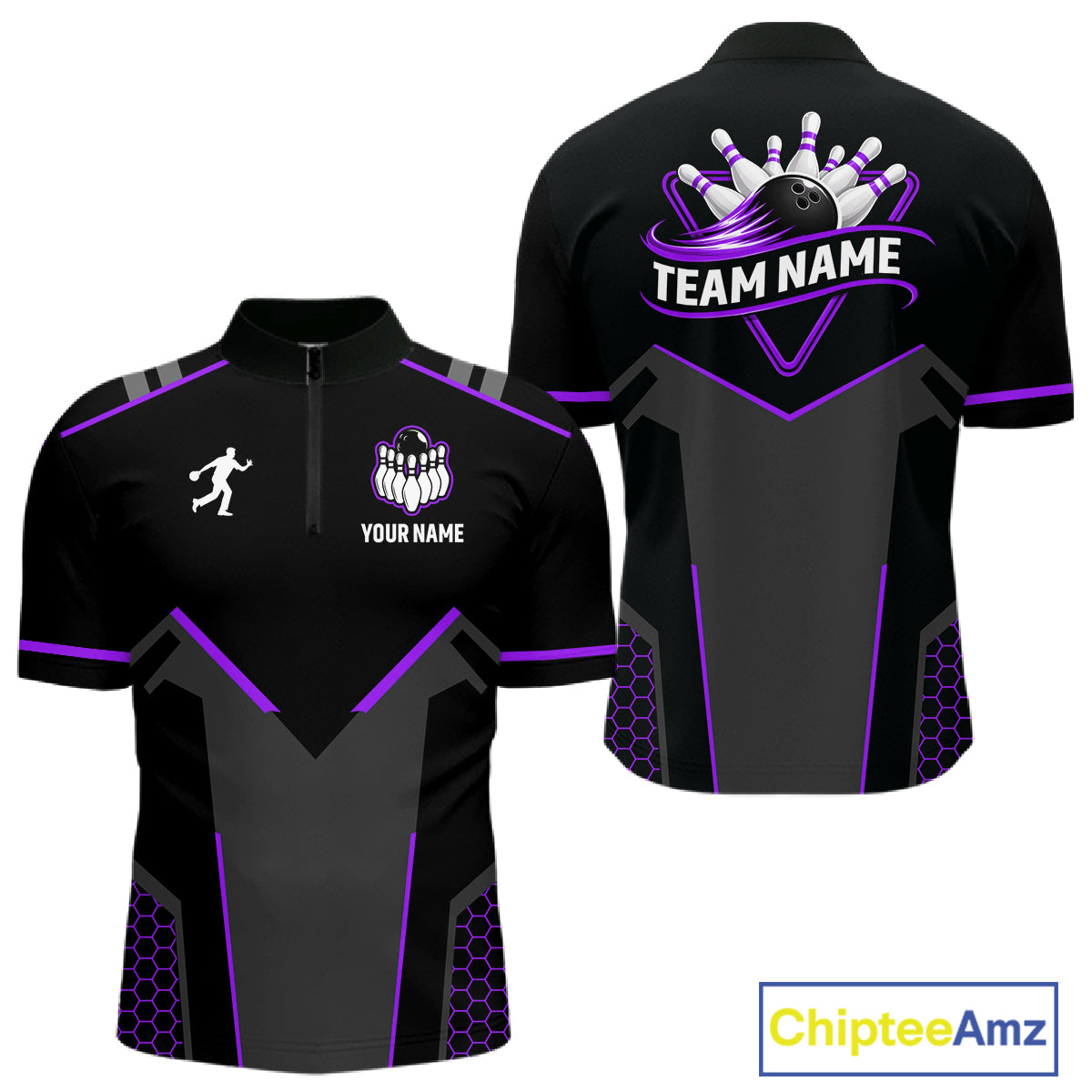 Personalized Bowling Jersey For Men, Custom Black And Purple Bowling Team Shirt Polo & 1/4 Zip TDM6547