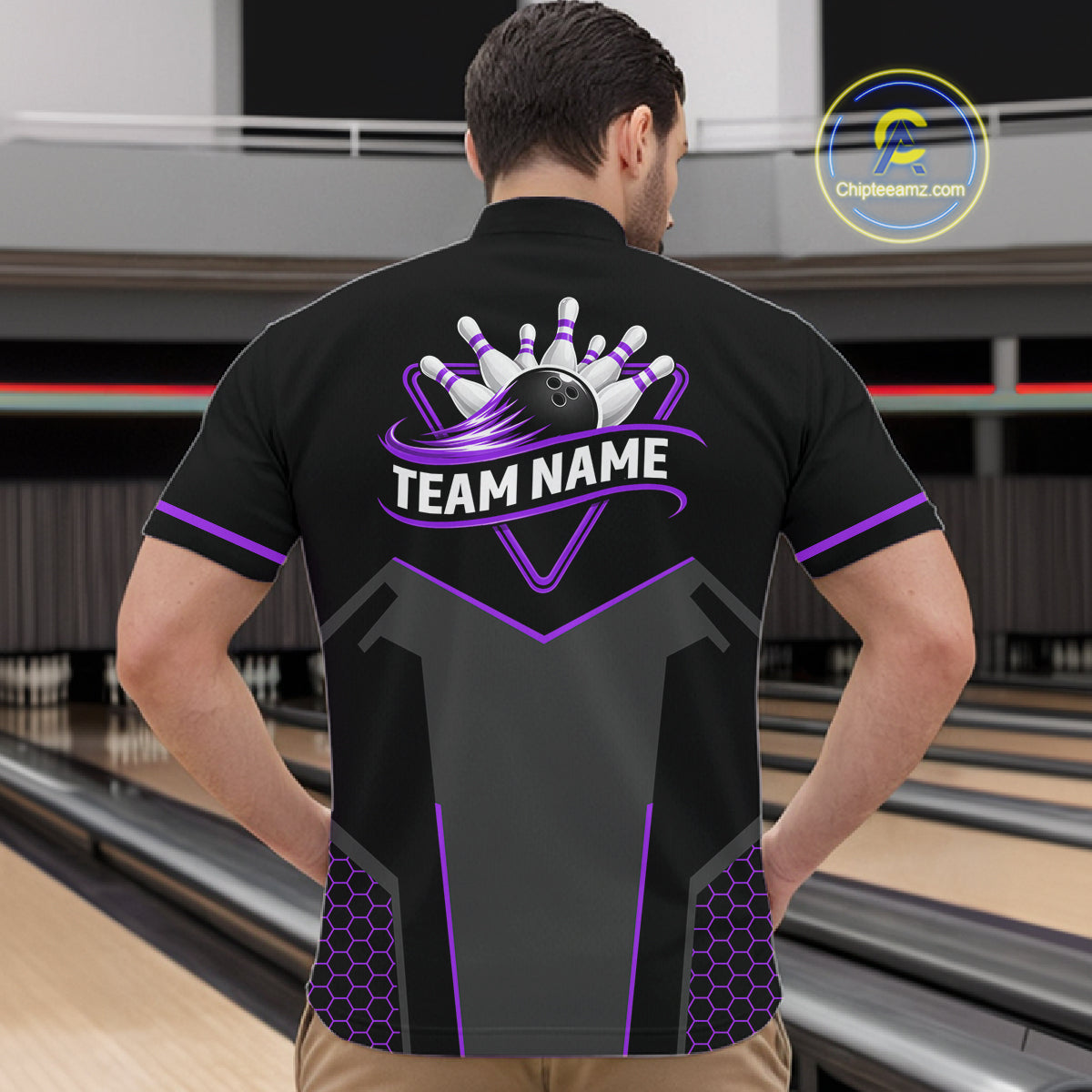 Personalized Bowling Jersey For Men, Custom Black And Purple Bowling Team Shirt Polo & 1/4 Zip TDM6547