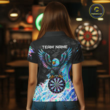 Load image into Gallery viewer, Woman wearing custom holographic dartboard eagle darts team jersey polo shirt featuring holographic eagle dartboard artwork, back view.
