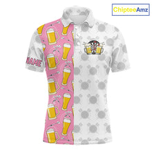 Load image into Gallery viewer, Pink and white darts and beer darts polo shirt for men with custom darts team graphics.