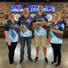 Load image into Gallery viewer, Man wearing custom holographic dartboard eagle darts team jersey quarter zip shirt featuring holographic eagle dartboard artwork, front view.