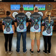 Load image into Gallery viewer, Darts team wearing matching custom holographic dartboard eagle darts team jerseys, front view.