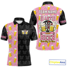 Load image into Gallery viewer, Pink and black darts and beer darts polo shirt for men with custom darts team graphics.
