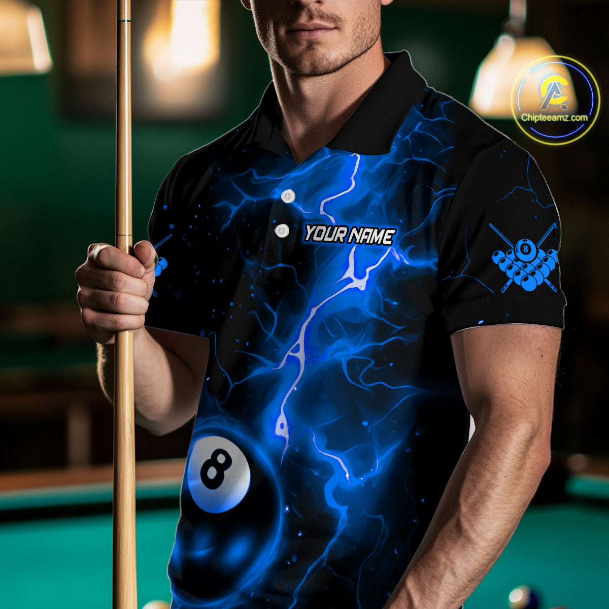 Blue And Black 8 Ball Striking Thunder Lightning Billiard Shirt For Men Custom Pool Team Jerseys TDM4389
