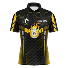 Load image into Gallery viewer, Personalized Yellow 9 Ball Flame Billiard Polo &amp; Quarter Zip For Men, 9 Ball Pool Team Jersey TDM6127