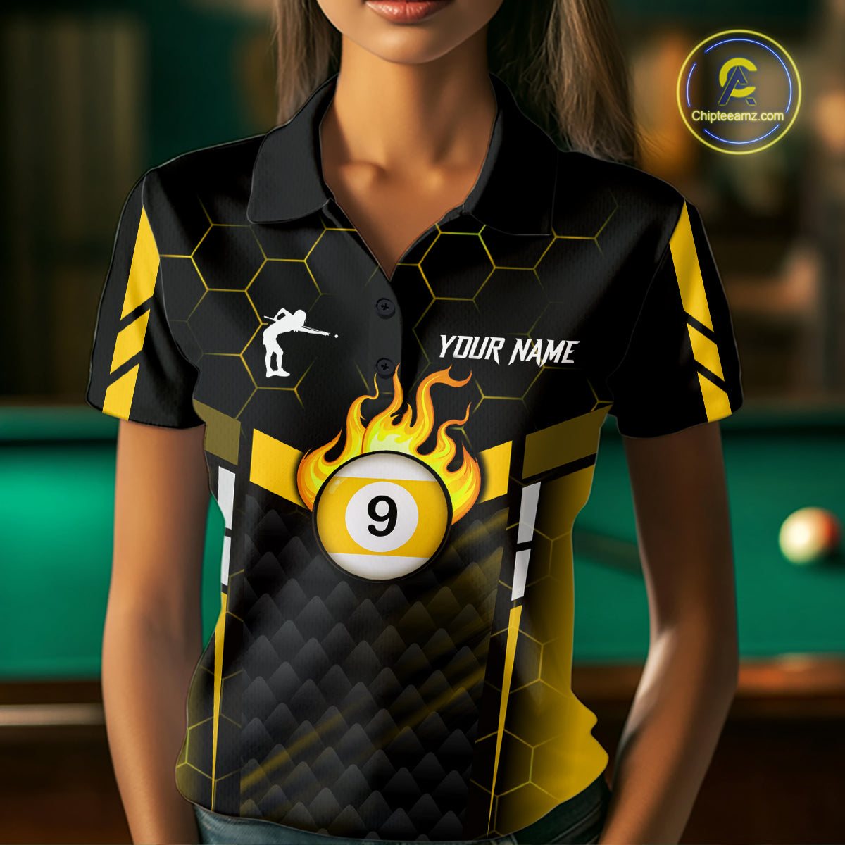 Personalized Yellow 9 Ball Flame Billiard Polo & Quarter Zip For Women, 9 Ball Pool Team Jersey TDM6127