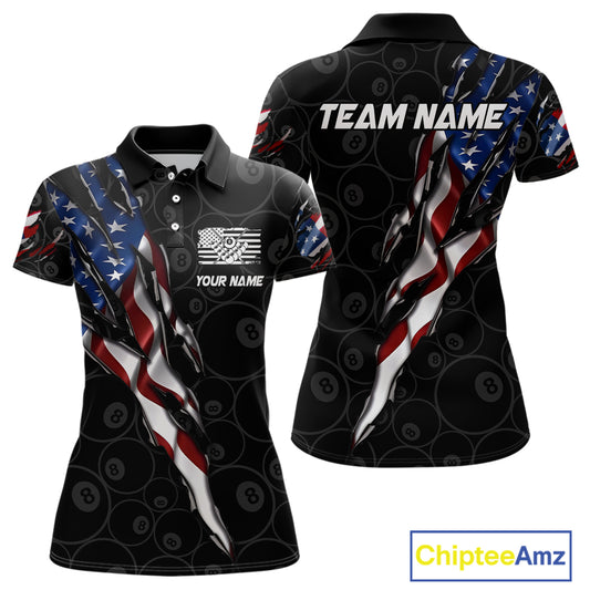 American Flag Scratch Billiard Shirt For Women, Custom 8 Ball Pool Team Jersey Polo & 1/4 Zip TDM4030