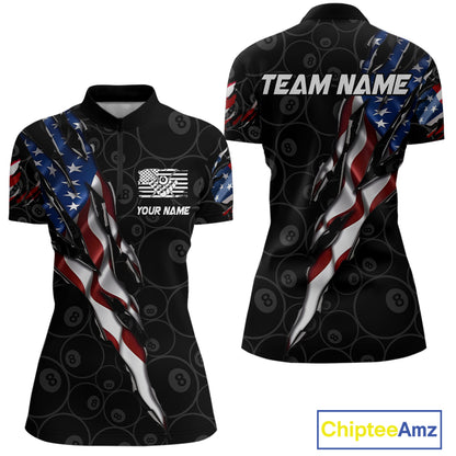 American Flag Scratch Billiard Shirt For Women, Custom 8 Ball Pool Team Jersey Polo & 1/4 Zip TDM4030