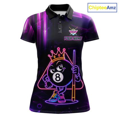 Purple Funny Neon 8 Ball Pool Billiard Polo Shirt Featuring Bold Neon Artwork for Custom League Team Jerseys, Tournament Competition, and Pool Players