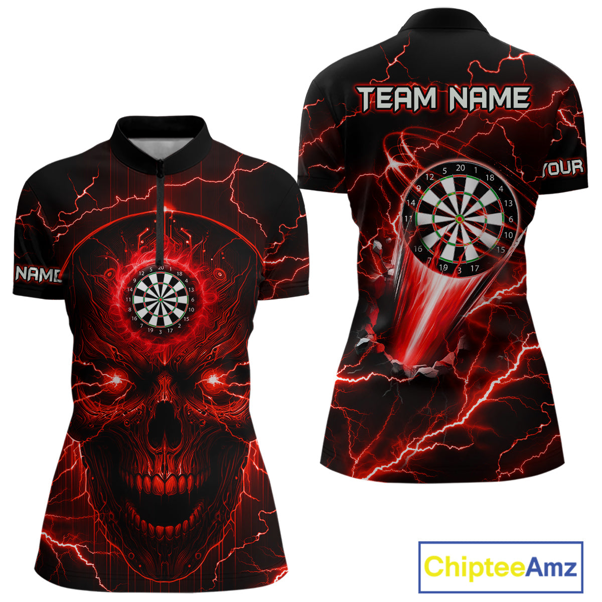 Personalized Red Darts Skull Shirt For Women Custom Polo & 1/4 Zip Lightning Thunder Darts Jersey TDM4621
