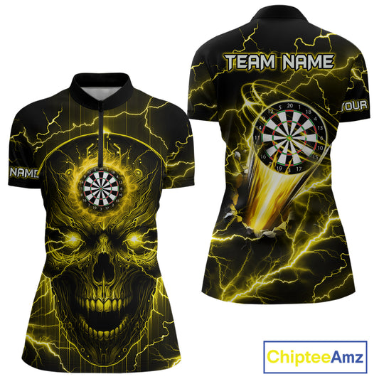Personalized Yellow Darts Skull Shirt For Women Custom Polo & 1/4 Zip Lightning Thunder Darts Jersey TDM4622