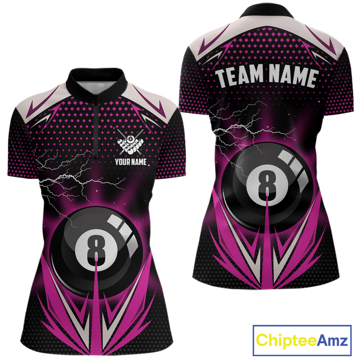 Pink 8 Ball Pool Billiard Jersey For Women Custom Lightning Billiard Team Shirt Polo & Quarter Zip TDM6134