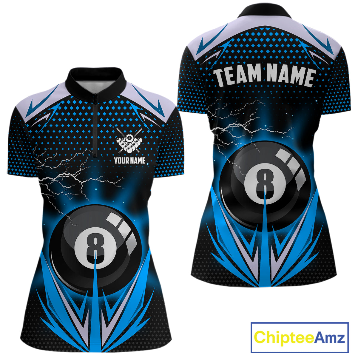 Blue 8 Ball Pool Billiard Jersey For Women Custom Lightning Billiard Team Shirt Polo & Quarter Zip TDM6135