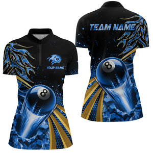 Flaming 8 Ball Pool Crack Billiard Shirts For Women Custom Pool Billiard Shirt Team Jerseys |Blue TDM3044